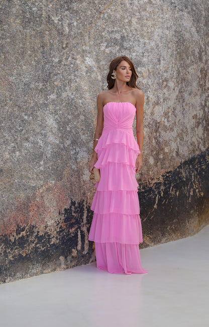 VESTIDO AMICCI LONGO E CHIFFON E BABADOS