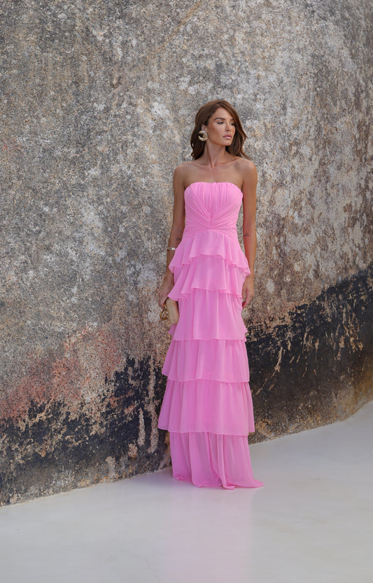 VESTIDO AMICCI LONGO E CHIFFON E BABADOS