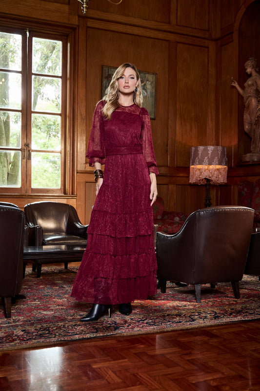 VESTIDO LUZIA FAZZOLLI RENDA COM FAIXA VINHO