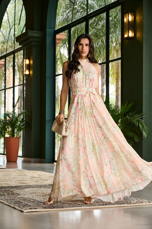 VESTIDO LUZIA FAZZOLLI LONGO CHIFFON PLISSADO
