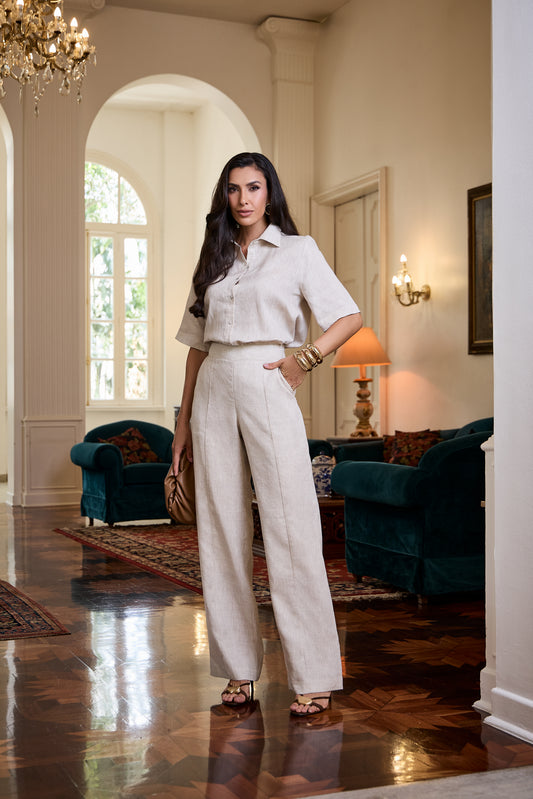 CONJUNTO LUZIA FAZZOLLI LINHO BORDADO BEGE CLARO