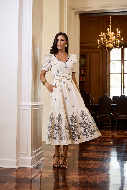 VESTIDO LUZIA FAZZOLLI VOIL BORDADO FLORAL CRU/PRETO