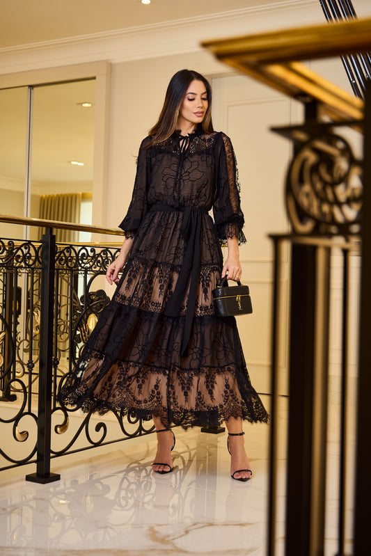 VESTIDO LUZIA FAZZOLLI CHIFFON DEVORE PRETO
