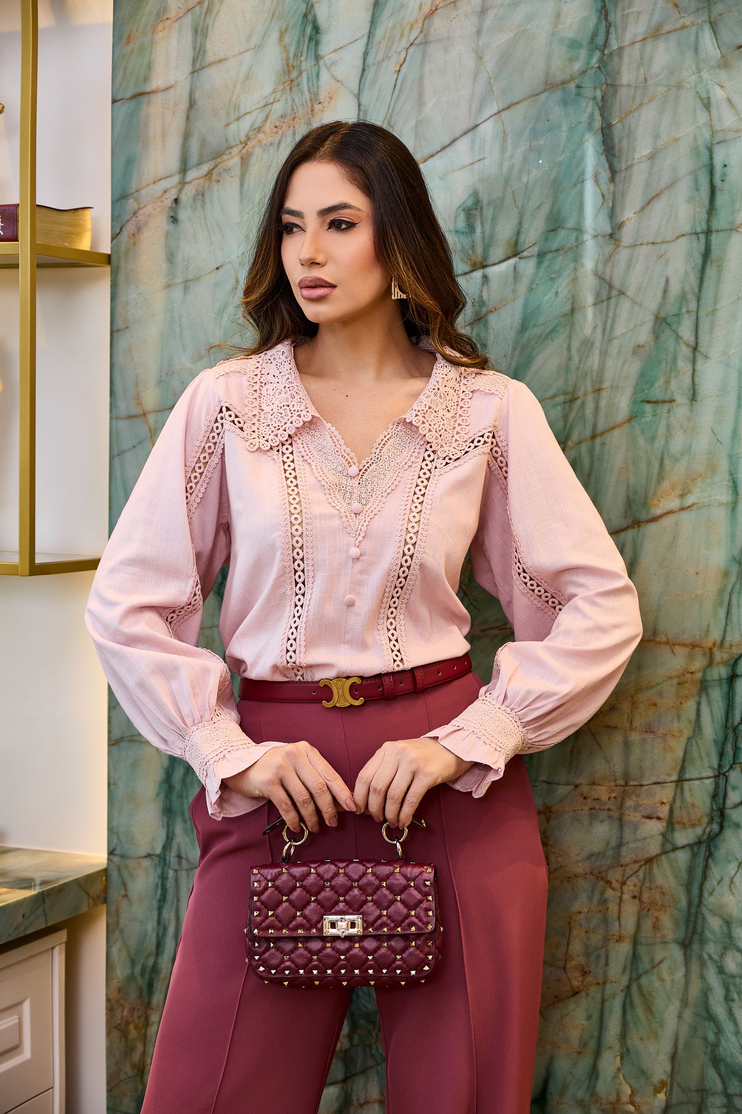 CAMISA LUZIA FAZZOLLI LINHO C ENTREMEIO ROSE