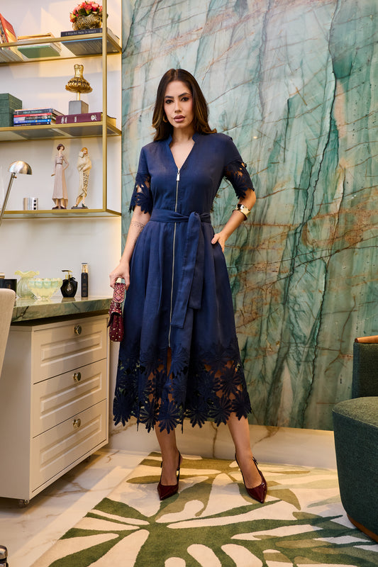 VESTIDO LUZIA FAZZOLLI LINHO C ENTREMEIO MARINHO