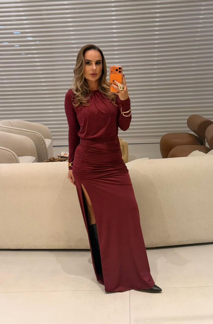 VESTIDO LULEG MALHA DET. DRAPEADO BORDO