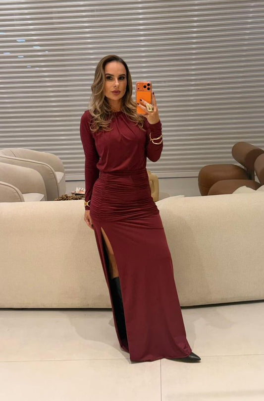 VESTIDO LULEG MALHA DET. DRAPEADO BORDO