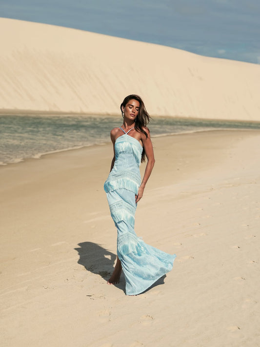 VESTIDO AMICCI FRANJA E RENDA CHANTILLY AZUL