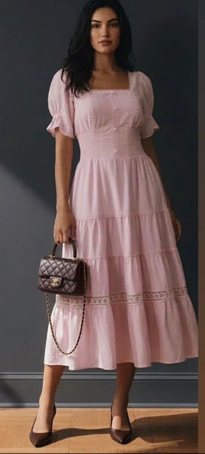 VESTIDO LUZIA FAZZOLLI LINHO DETALHE ENTREMEIO ROSA
