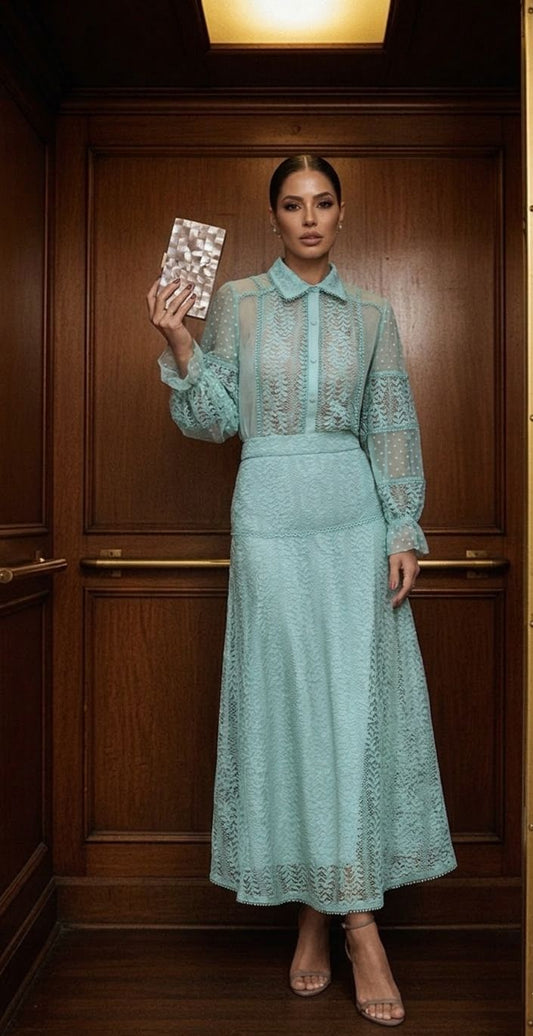 Conjunto luzia fazzolli renda det. Chifon e tule verde