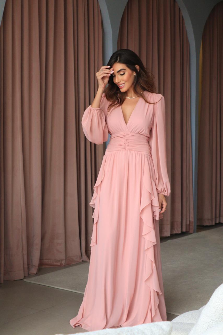 VESTIDO AVE RARA DRAPEADO HARMONY ROSA