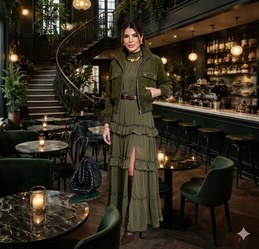 VESTIDO LUZIA FAZZOLLI CHIFF YORIO BABADO VERDE MUSGO
