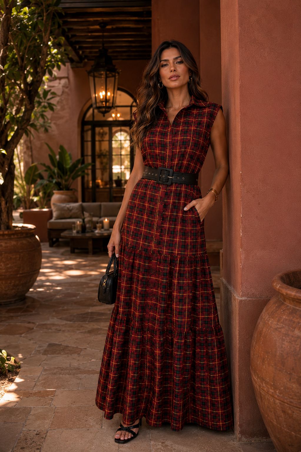 VESTIDO ARTSY LONGO EDUARDA XADREZ BORDO