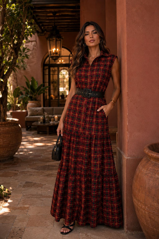 VESTIDO ARTSY LONGO EDUARDA XADREZ BORDO