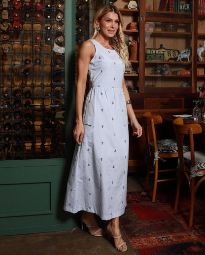 VESTIDO ANAMÊS MIDI LISTRAS AZUL