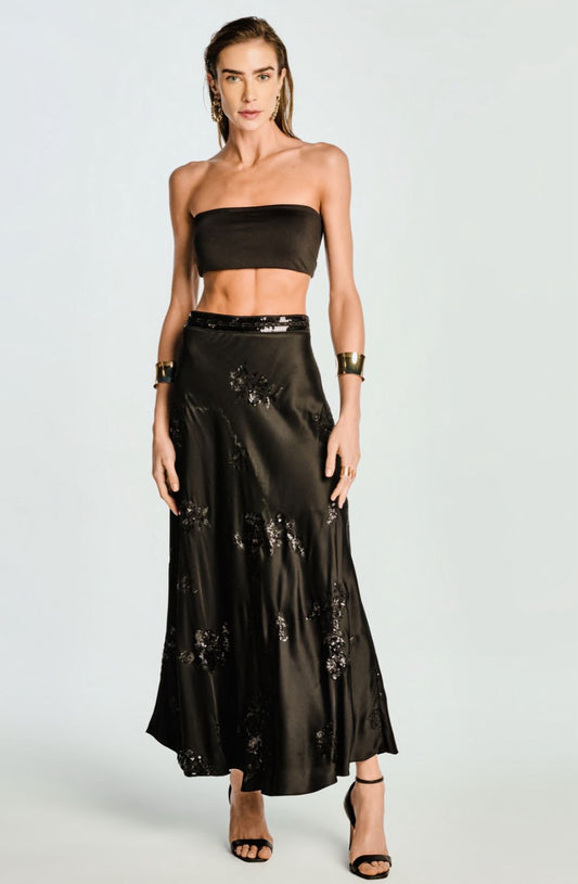 Saia raizz preta jaine bordada paete