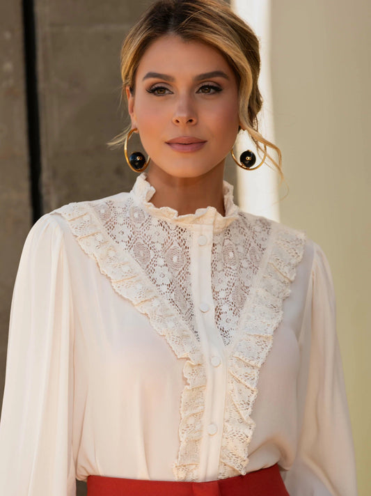 CAMISA LUZIA FAZZOLLI CHIFFON BEGE RENDA ANA