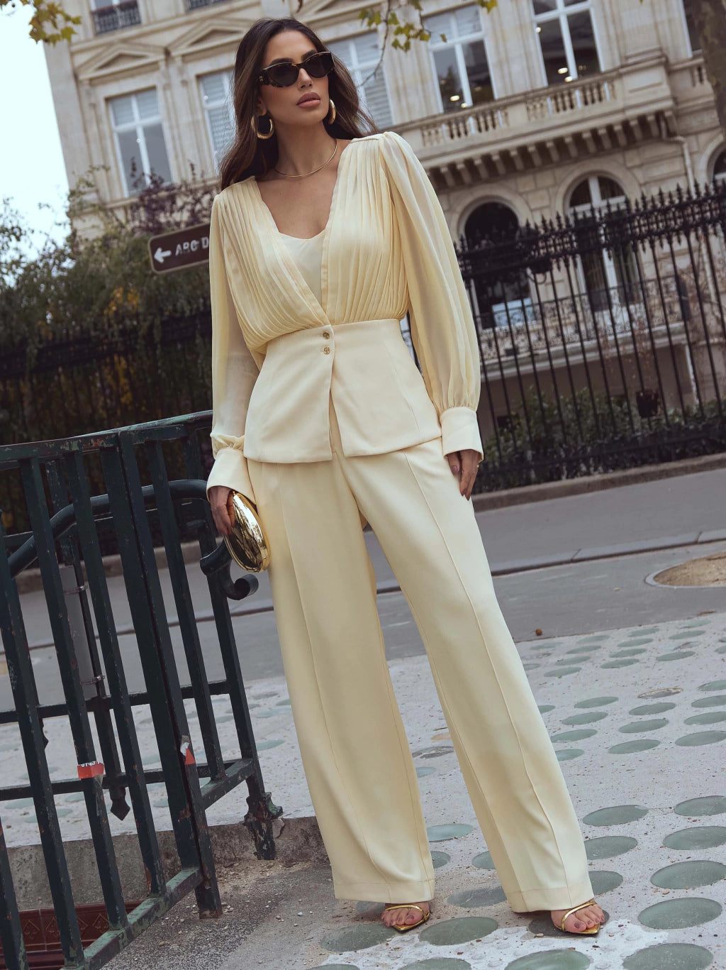 Conjunto luzia fazzolli alfaiataria chiffon manteiga