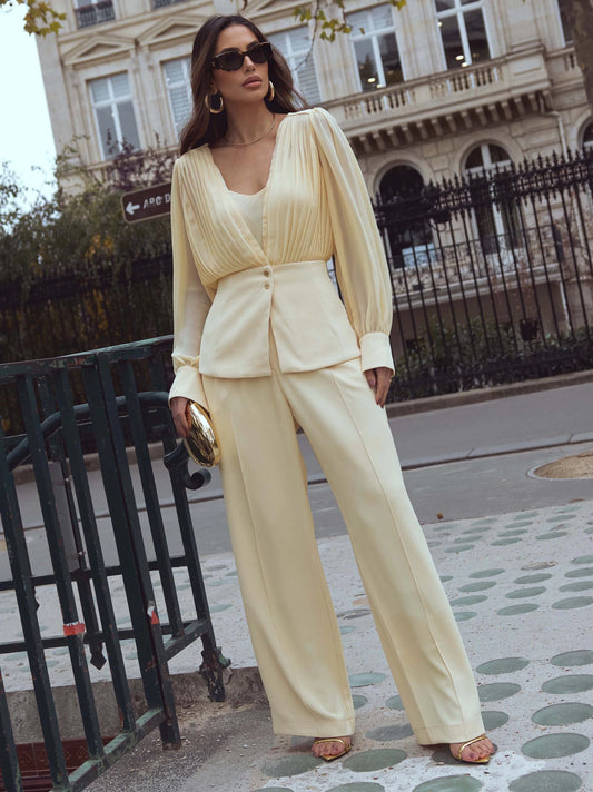 Conjunto luzia fazzolli alfaiataria chiffon manteiga