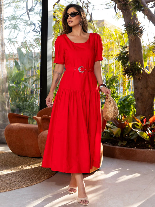 VESTIDO LUZIA FAZZOLLI LINHO FRANZIDO VERMELHO