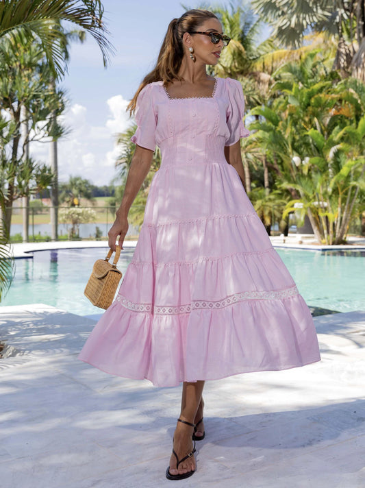 VESTIDO LUZIA FAZZOLLI LINHO DETALHE ENTREMEIO ROSA