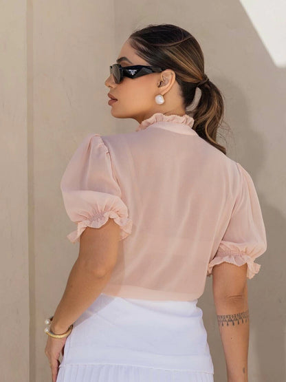 BLUSA LUZIA FAZZOLLI SALMAO CHIFFON DETALHES BABADO