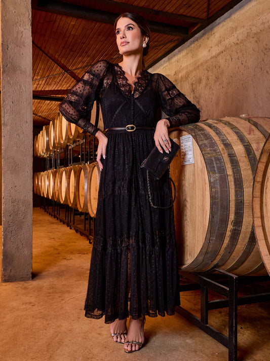 VESTIDO LUZIA FAZZOLLI TULE POA E RENDA PRETO