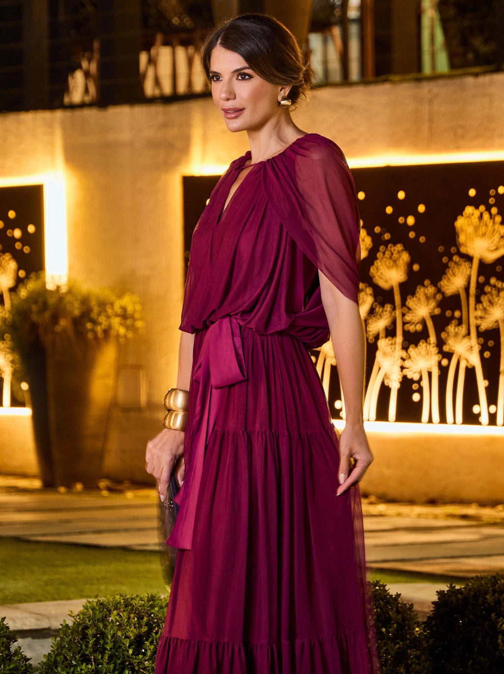 VESTIDO LUZIA FAZZOLLI TULE DRAPEADO FUCSIA