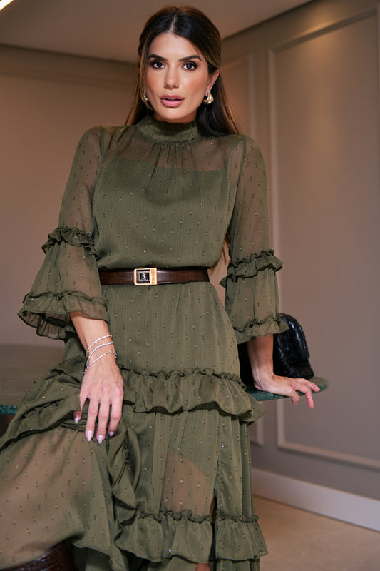 VESTIDO LUZIA FAZZOLLI CHIFF YORIO BABADO VERDE MUSGO