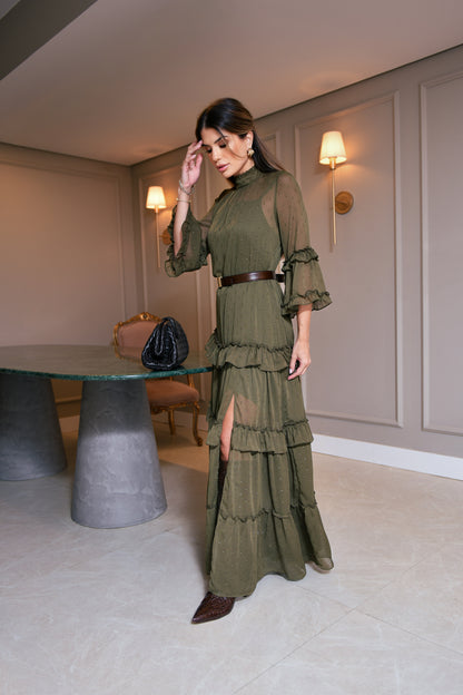 VESTIDO LUZIA FAZZOLLI CHIFF YORIO BABADO VERDE MUSGO