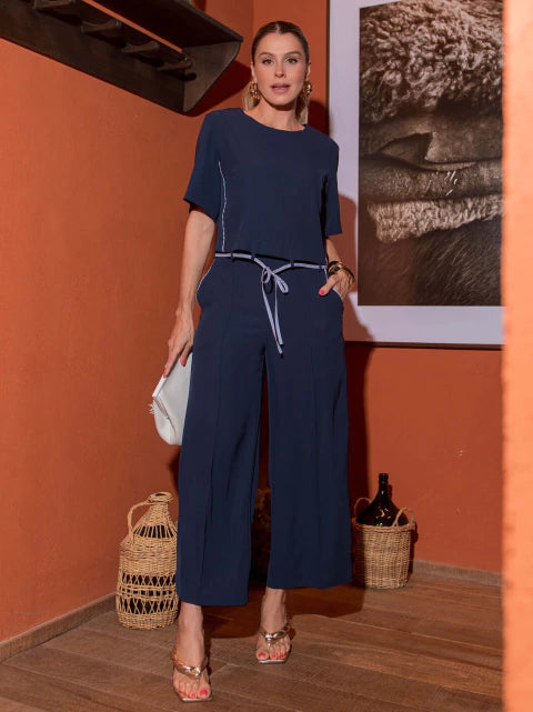 Conjunto luzia fazzolli crepe detalhe listrado marinho