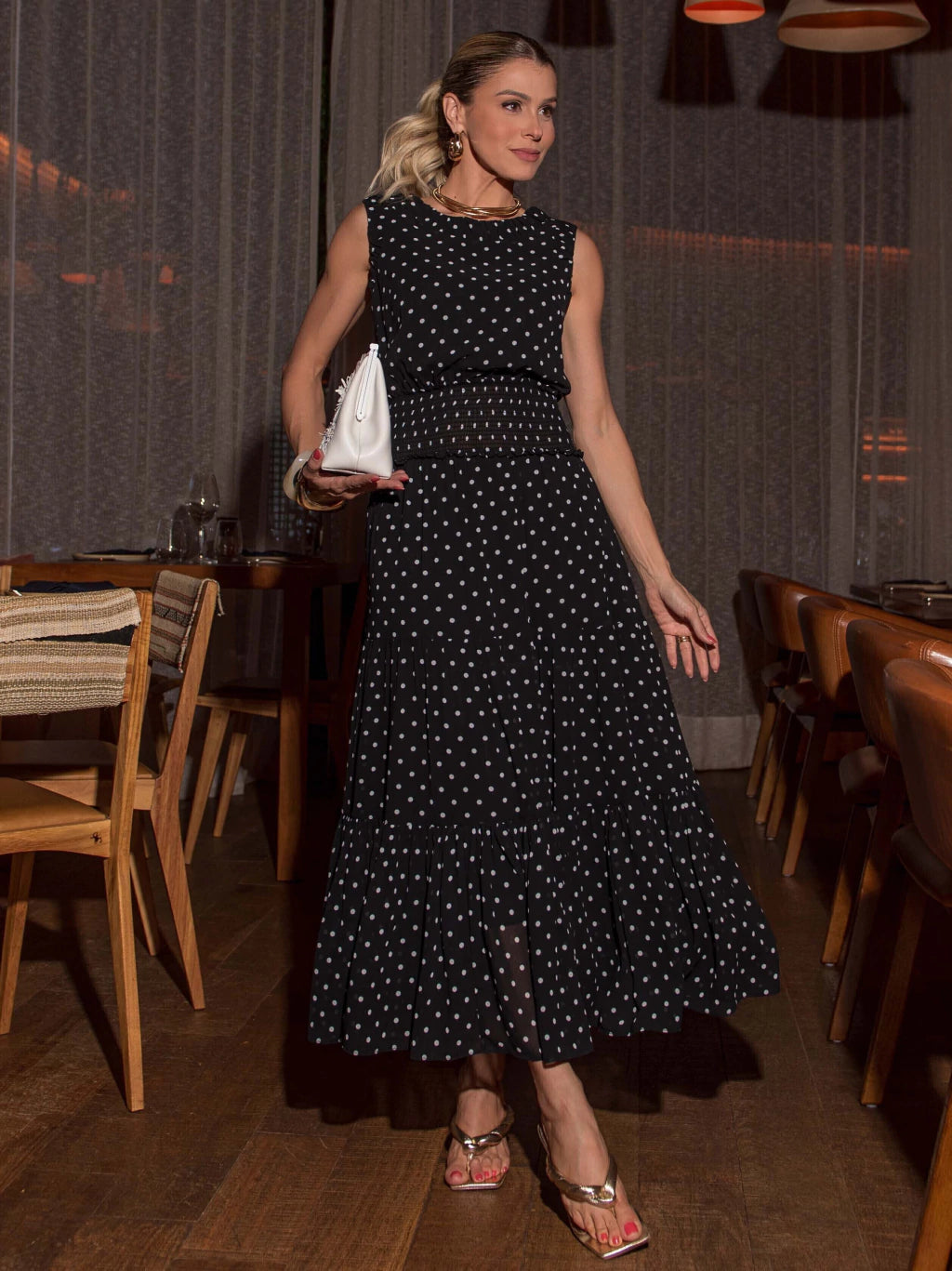 Vestido luzia fazzolli chiffon estampado poa preto