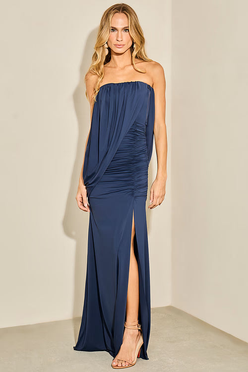 VESTIDO LULEG LONGO JERSEY DRAPEADO MARINHO