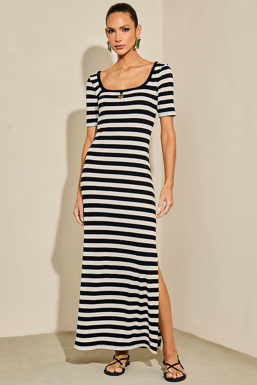 VESTIDO LULEG LONGO CANELADO LISTRADO