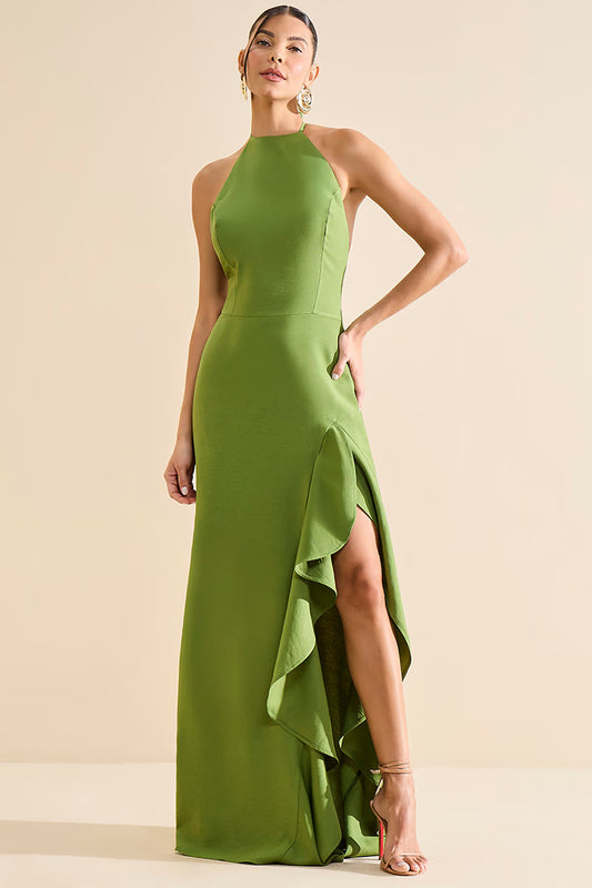 VESTIDO LULEG LONGO COM BABADO VERDE